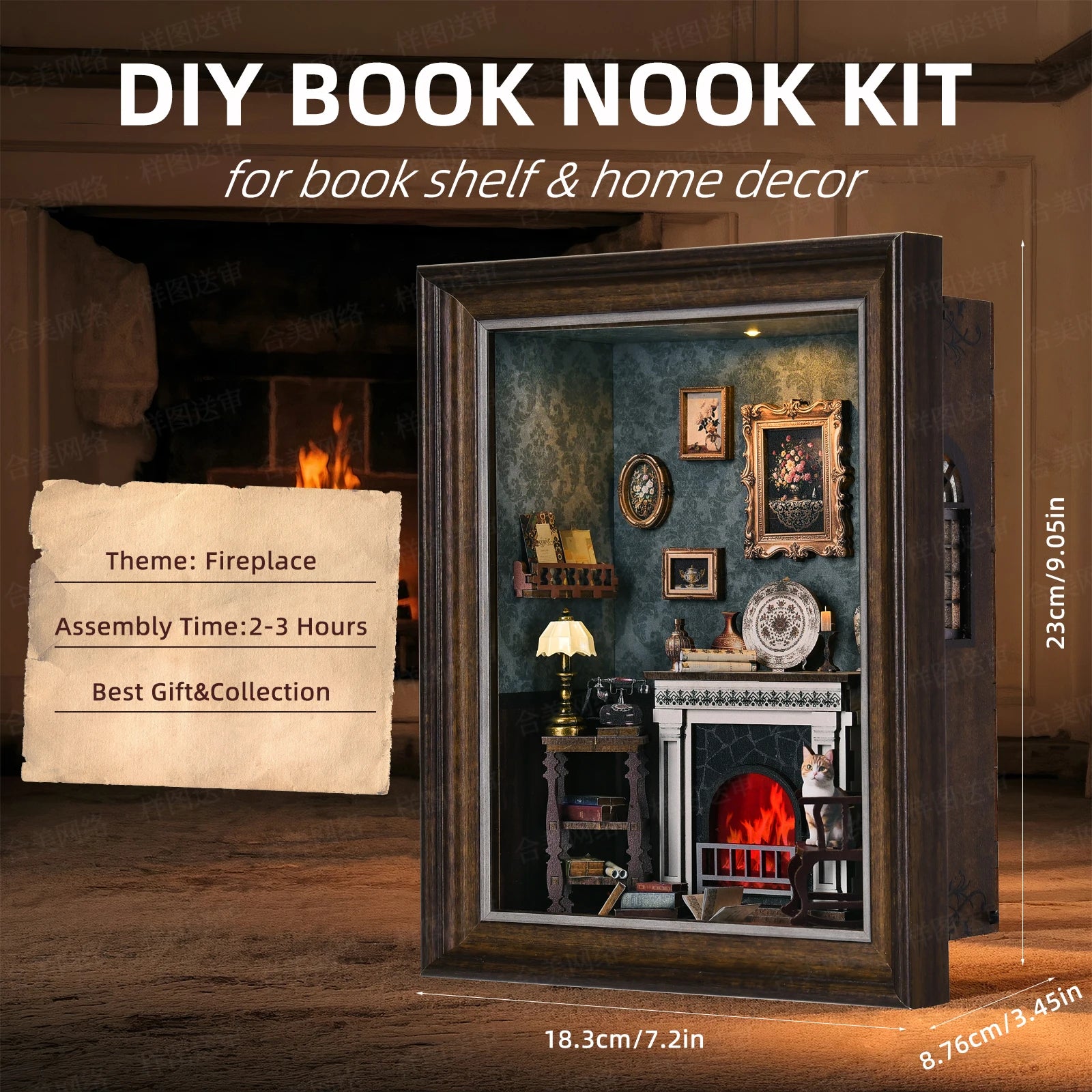 Book Nook Kit Fireplace DIY 3D Wooden Puzzle Photo frame ornament Bookshelf Dollhouse Model Bookend Building Home Decoration