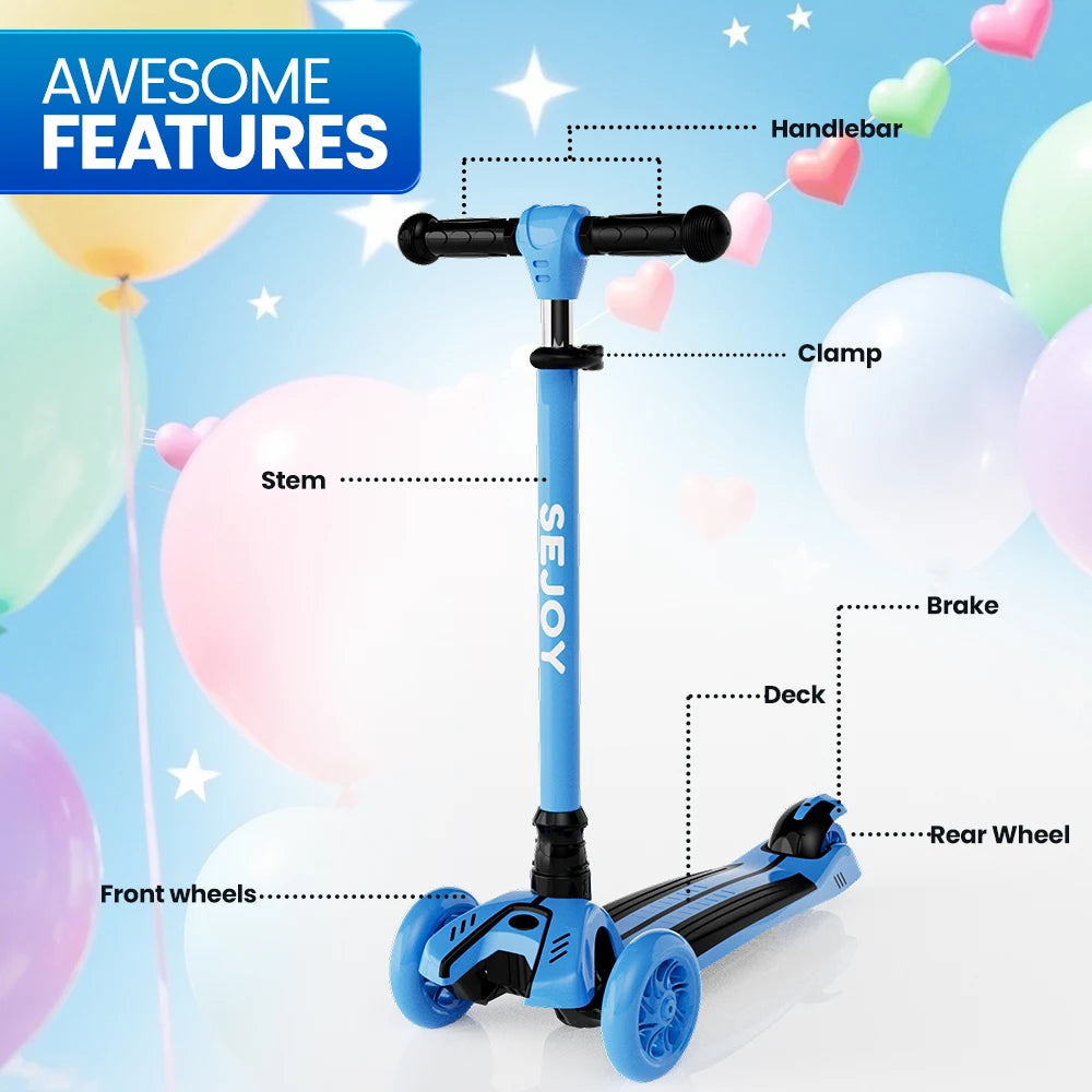 Sejoy Baby Scooter 2-8 Years with LED Wheels Adjustable Height Foldable Design & Dual Modes - Military-Grade Frame