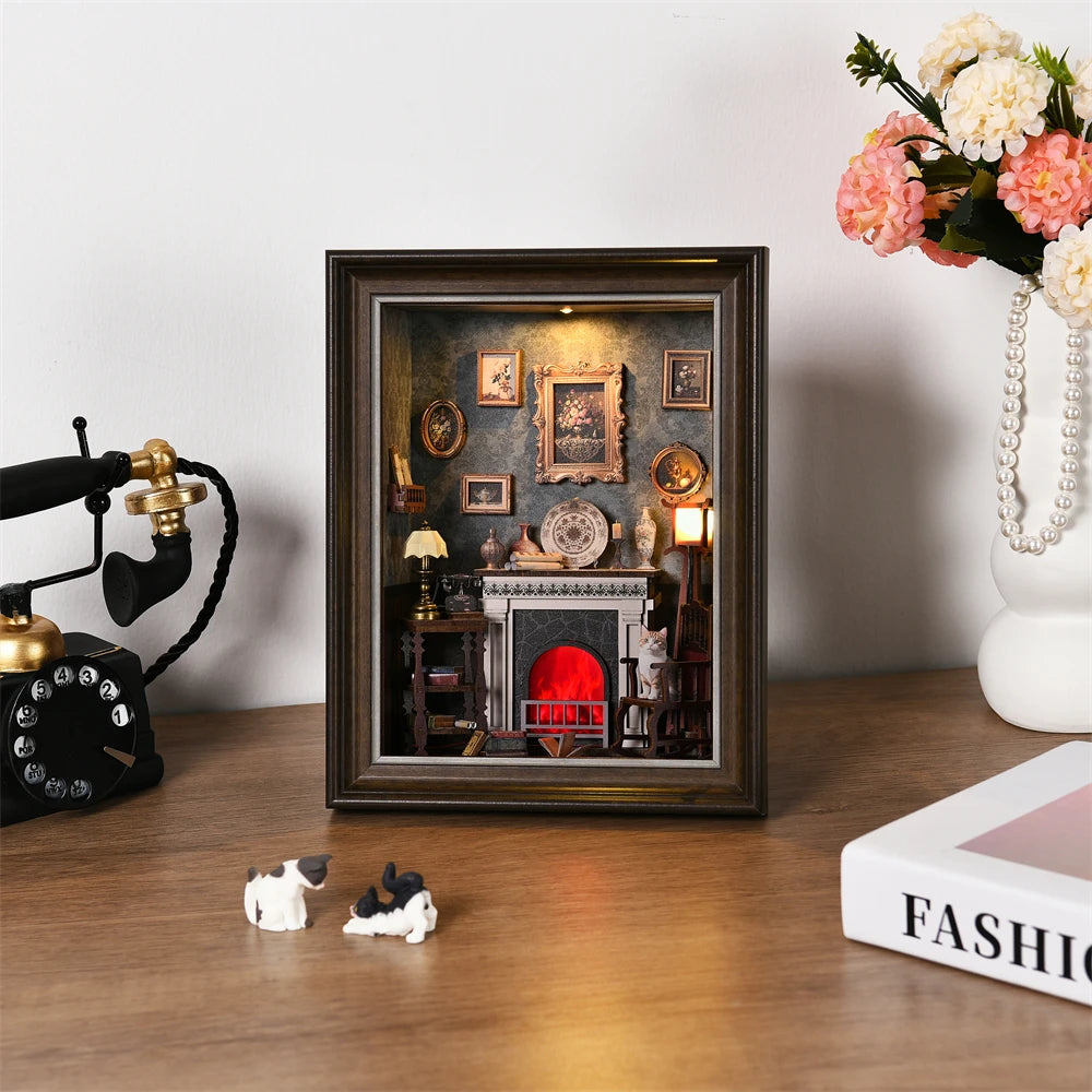 Book Nook Kit Fireplace DIY 3D Wooden Puzzle Photo frame ornament Bookshelf Dollhouse Model Bookend Building Home Decoration