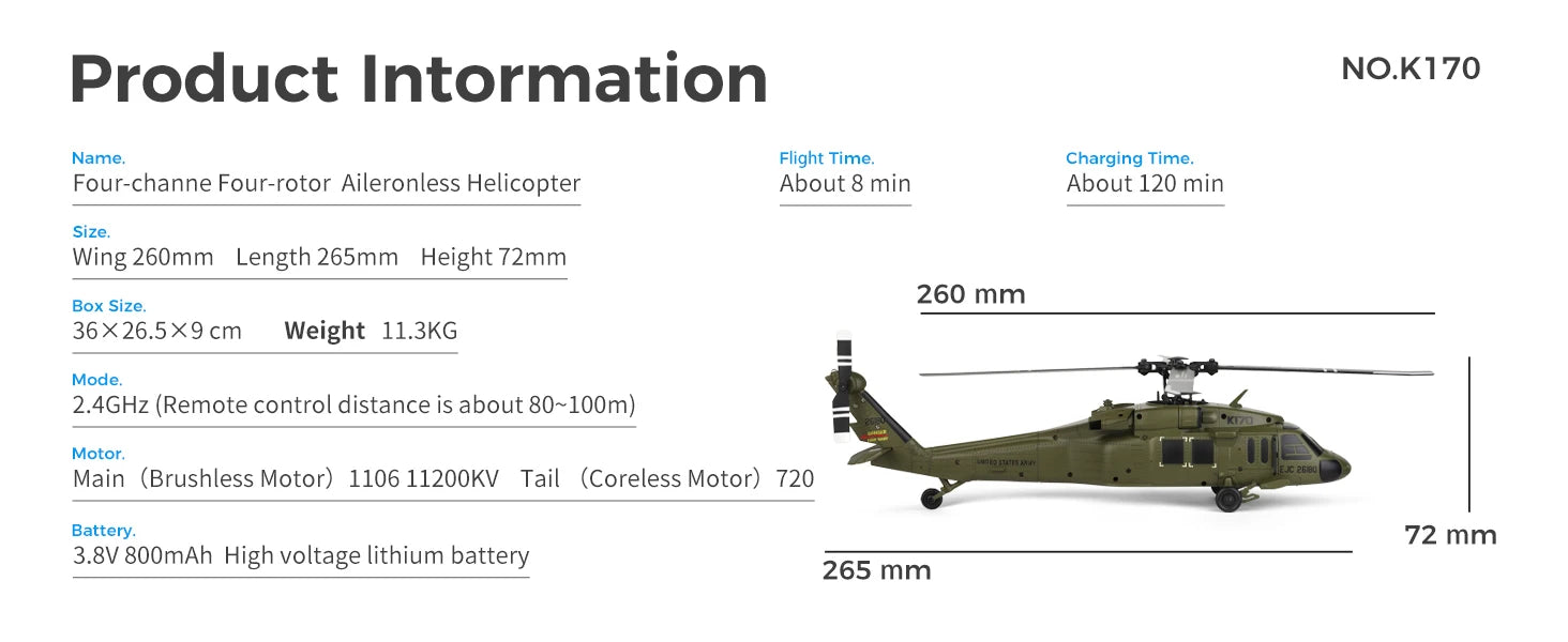 Wltoys K170 RC Helicopter UH-60L 4 Channel Remote Control brushless Helicopters with Gyro and LED Light Durable Airplane Toy