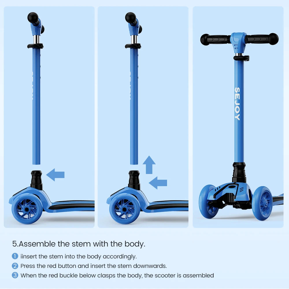 Sejoy Baby Scooter 2-8 Years with LED Wheels Adjustable Height Foldable Design & Dual Modes - Military-Grade Frame