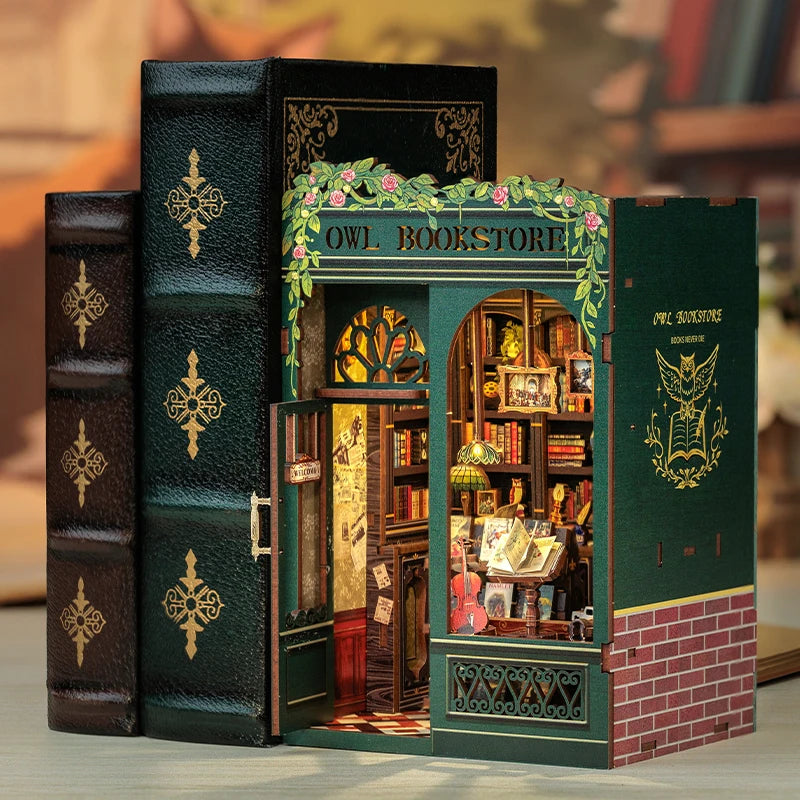 CUTEBEE DIY Book Nook Miniature Wooden Dollhouse with Lights Bookshelf Insert Kit 3D Bookend Decor Toys for Gifts Owl Bookstore