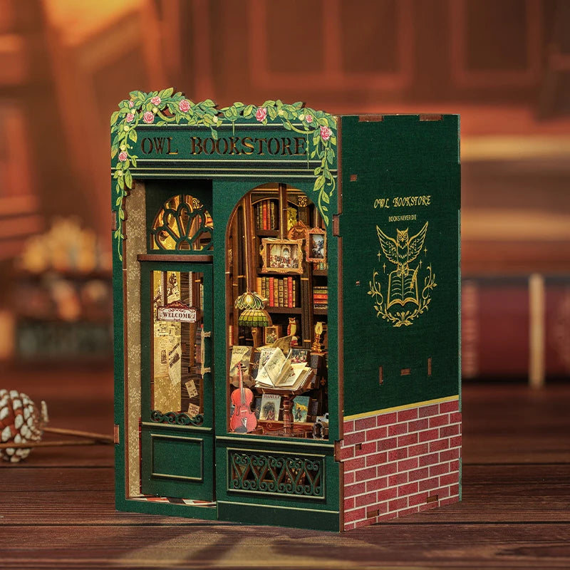 CUTEBEE DIY Book Nook Miniature Wooden Dollhouse with Lights Bookshelf Insert Kit 3D Bookend Decor Toys for Gifts Owl Bookstore