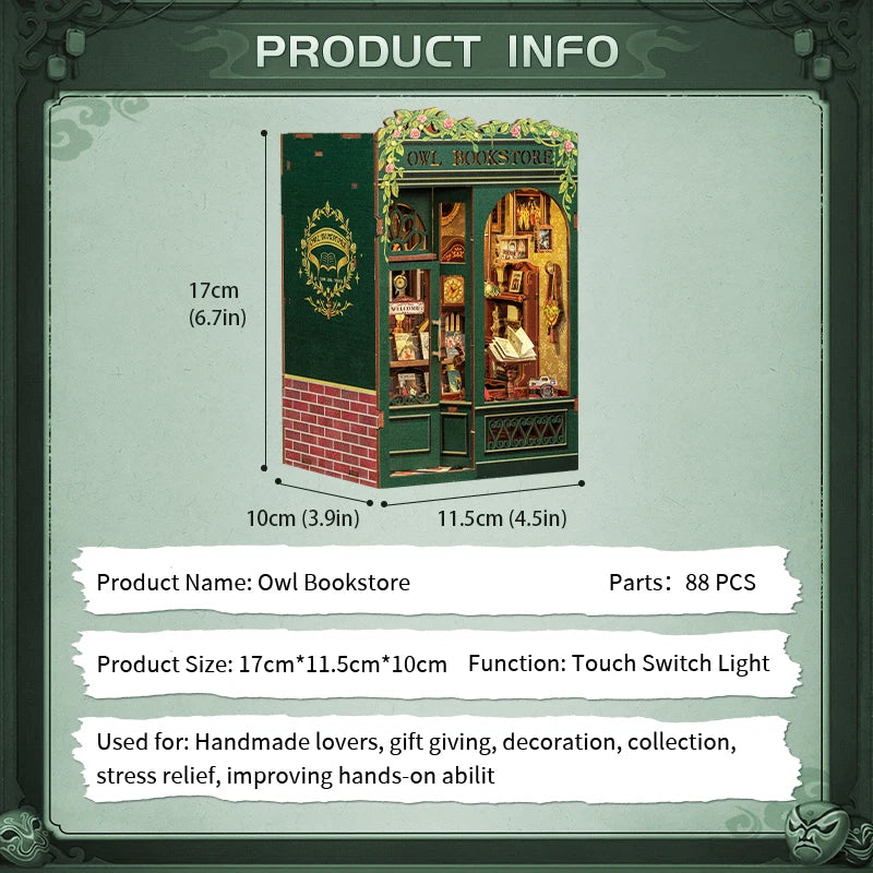 CUTEBEE DIY Book Nook Miniature Wooden Dollhouse with Lights Bookshelf Insert Kit 3D Bookend Decor Toys for Gifts Owl Bookstore