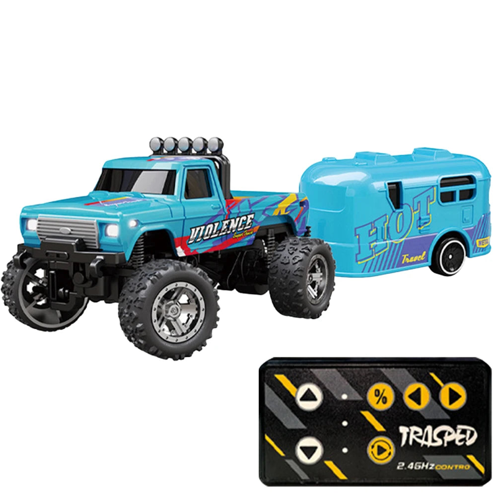 Mini RC Monster Truck with Lights & Trailer All Terrain Off-Road Truck Toy 1:64 Scale Adjustable Speed/Steering for Kids Gifts