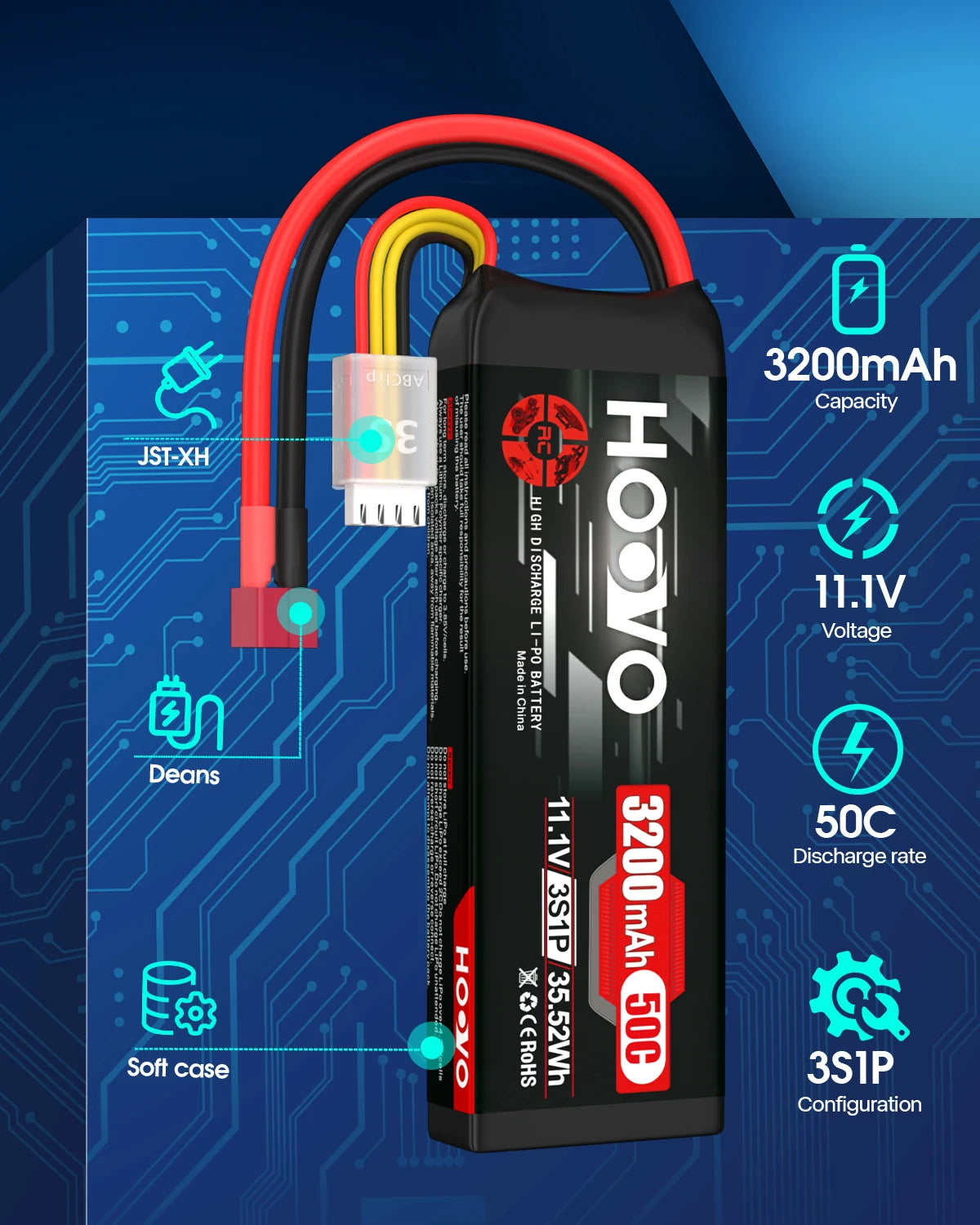 2Pcs HOOVO 3S 11.1V RC Lipo Battery 3200mAh 50C RC Battery with T Connector for RC Car RC Helicopter Airplane Quadcopter Models