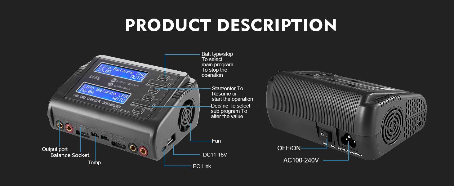 L6X2 LiPo Battery Charger Dual Channel 10A AC 150W DC 240W for 1-6S Li-ion LiFe NiCd NiMH LiHV PB Smart Battery Discharger