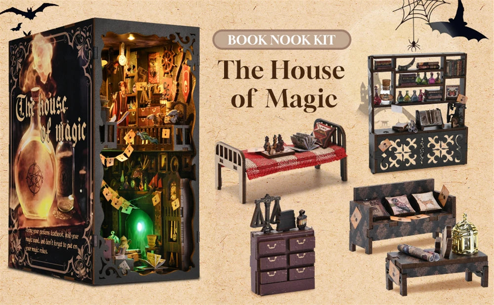 Book Nook Kit Magic House DIY Wooden Puzzle Bookshelf Insert Decor Dollhouse Model Bookend Building Home Decoration Gifts