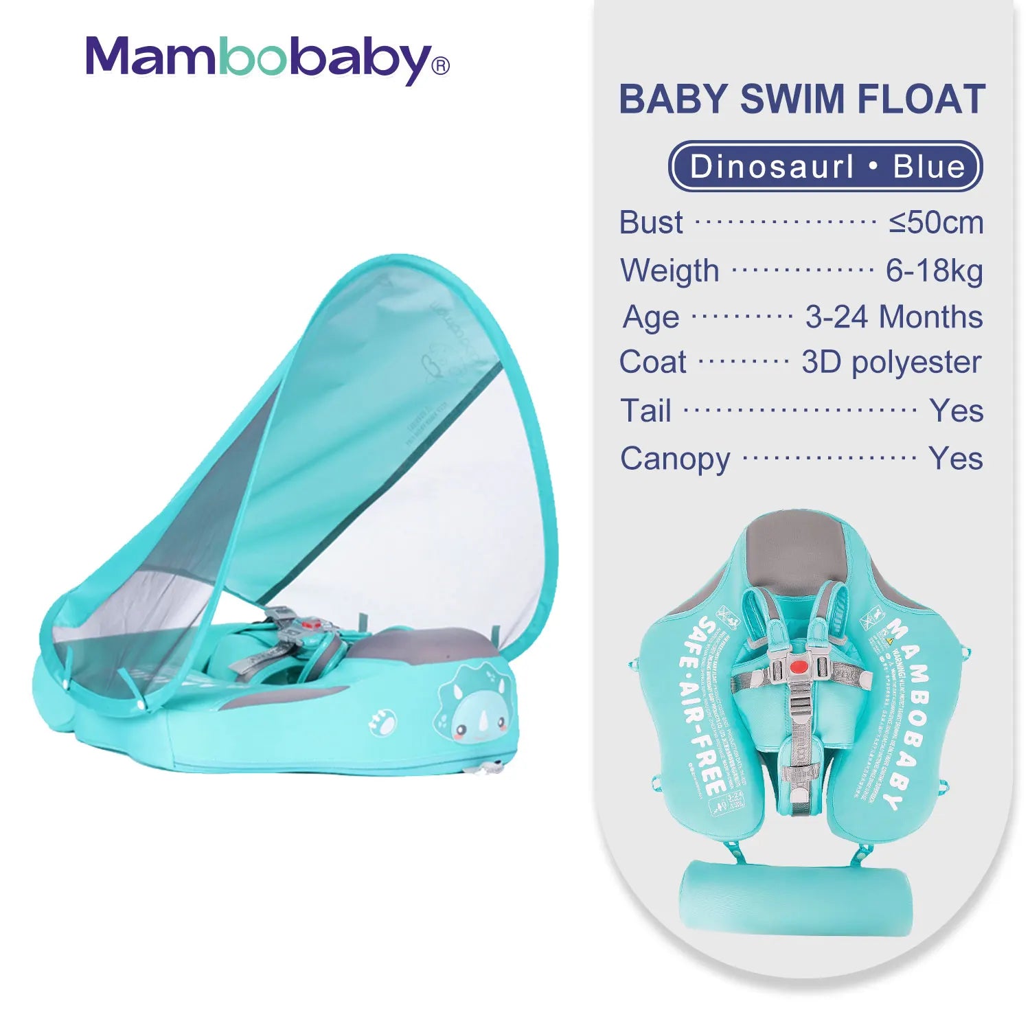 Mambobaby Baby Float with Sunshade Canopy and Crotch Strap Inflatable-free Safe Core Swimming Pool Accessory Bathroom Water Toy