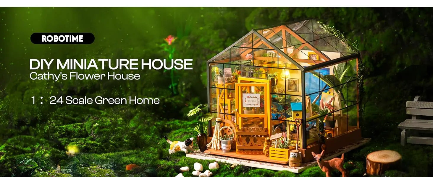 Robotime Mini Green House Cathy's Flower House DIY Dollhouse Wooden Miniature Furniture Kit with LED Best Birthday Gifts