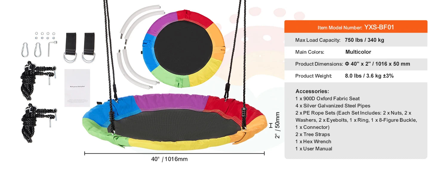 SucceBuy Tree Swing Saucer Swing 750lbs Swing Seat 2 Tree Hanging Straps Adjustable Multi-Strand Ropes Round Swing Kids Outdoor