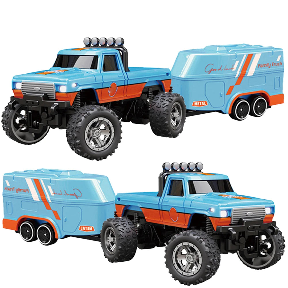 Mini RC Monster Truck with Lights & Trailer All Terrain Off-Road Truck Toy 1:64 Scale Adjustable Speed/Steering for Kids Gifts