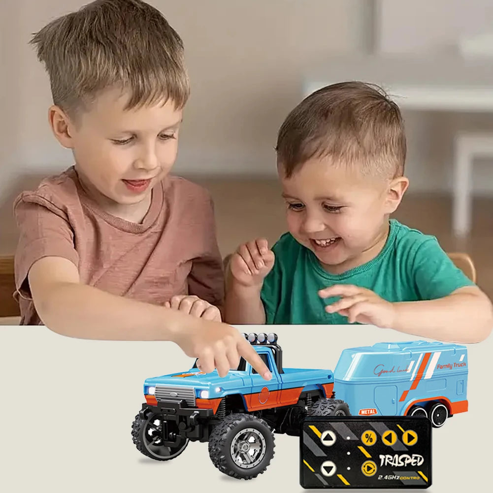 Mini RC Monster Truck with Lights & Trailer All Terrain Off-Road Truck Toy 1:64 Scale Adjustable Speed/Steering for Kids Gifts