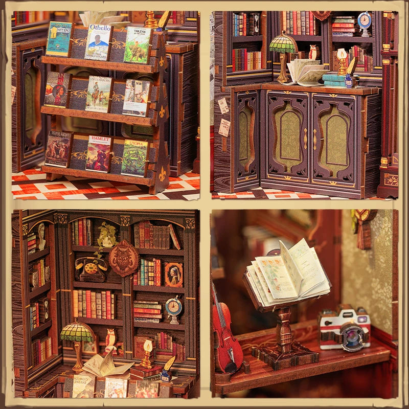 CUTEBEE DIY Book Nook Miniature Wooden Dollhouse with Lights Bookshelf Insert Kit 3D Bookend Decor Toys for Gifts Owl Bookstore