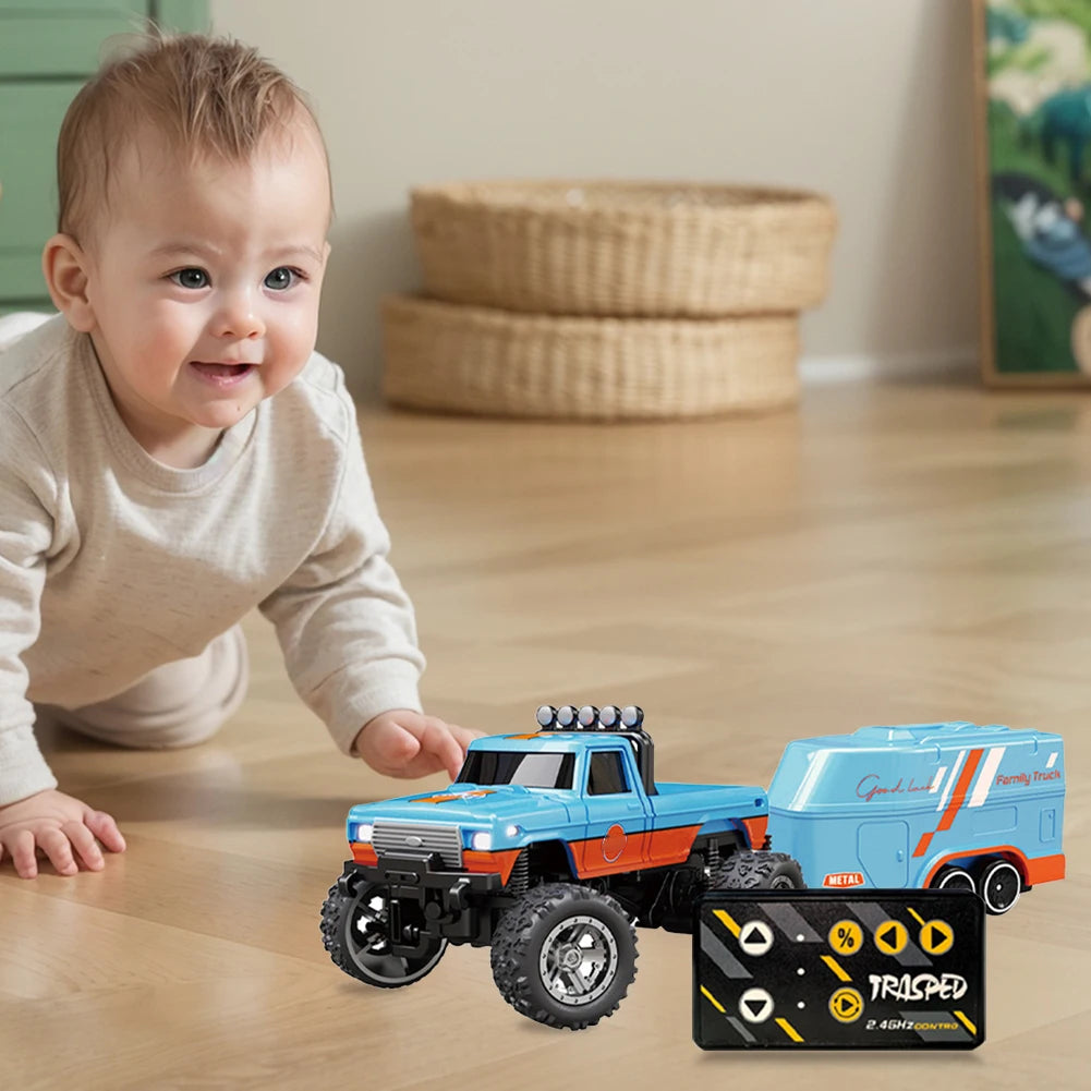 Mini RC Monster Truck with Lights & Trailer All Terrain Off-Road Truck Toy 1:64 Scale Adjustable Speed/Steering for Kids Gifts