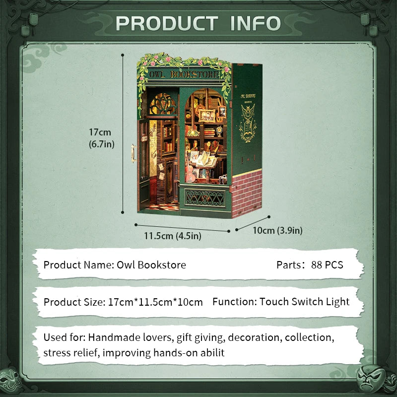 CUTEBEE DIY Book Nook Miniature Wooden Dollhouse with Lights Bookshelf Insert Kit 3D Bookend Decor Toys for Gifts Owl Bookstore