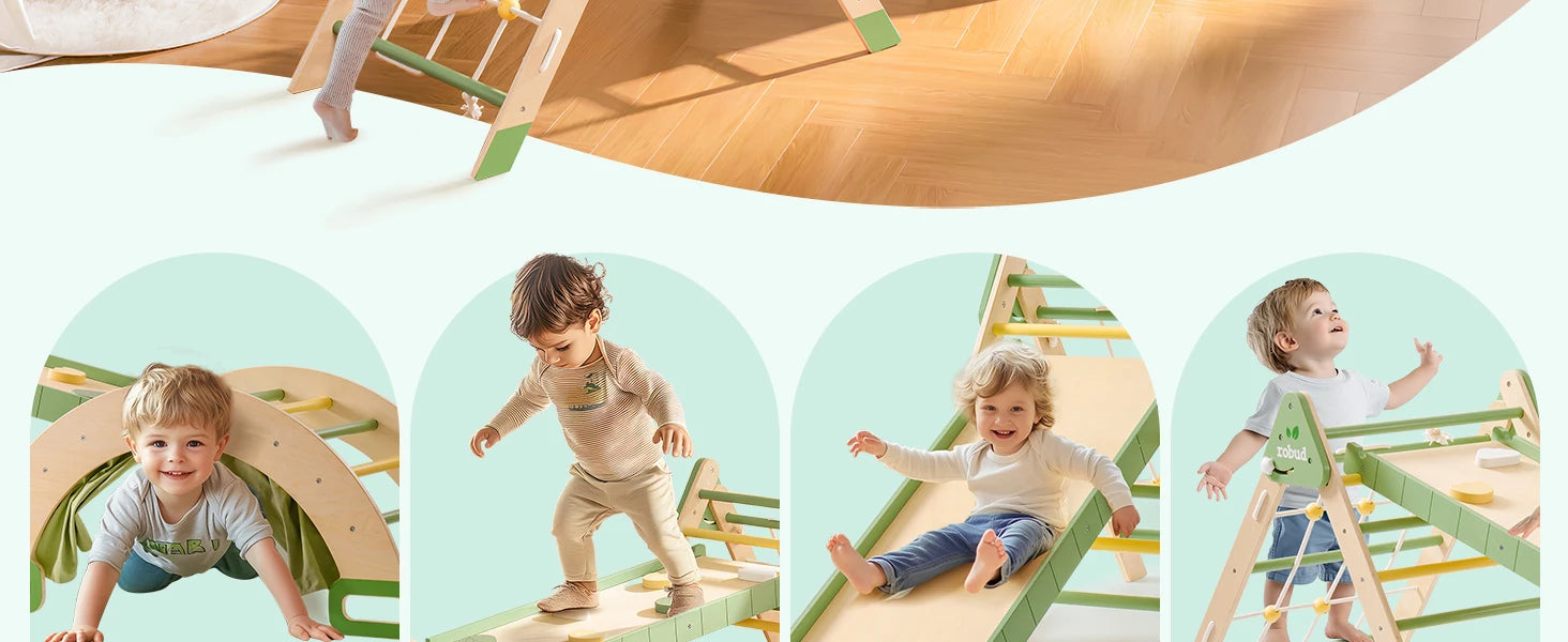 Robotime Robud 7 in 1 Triangle Set Foldable Wooden Climbing Toys Montessori Foldable Climbing Set with Rope Net for Girls Boys
