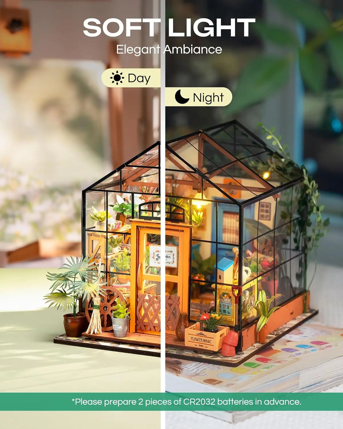 Robotime Mini Green House Cathy's Flower House DIY Dollhouse Wooden Miniature Furniture Kit with LED Best Birthday Gifts