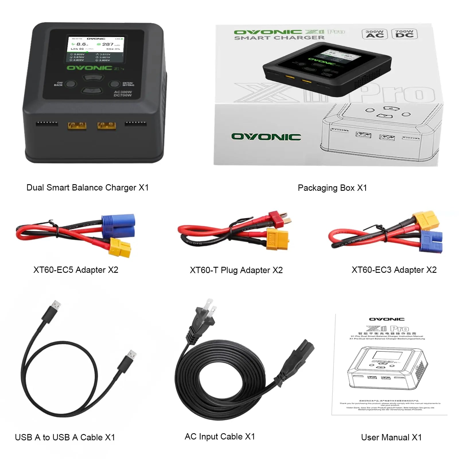 OVONIC X1 Pro Dual RC Lipo Battery Balance Charger for 1s 2s 3s 4s 5s 6s Batteries, AC 300W / DC 700W 16A Smart Fast Charging
