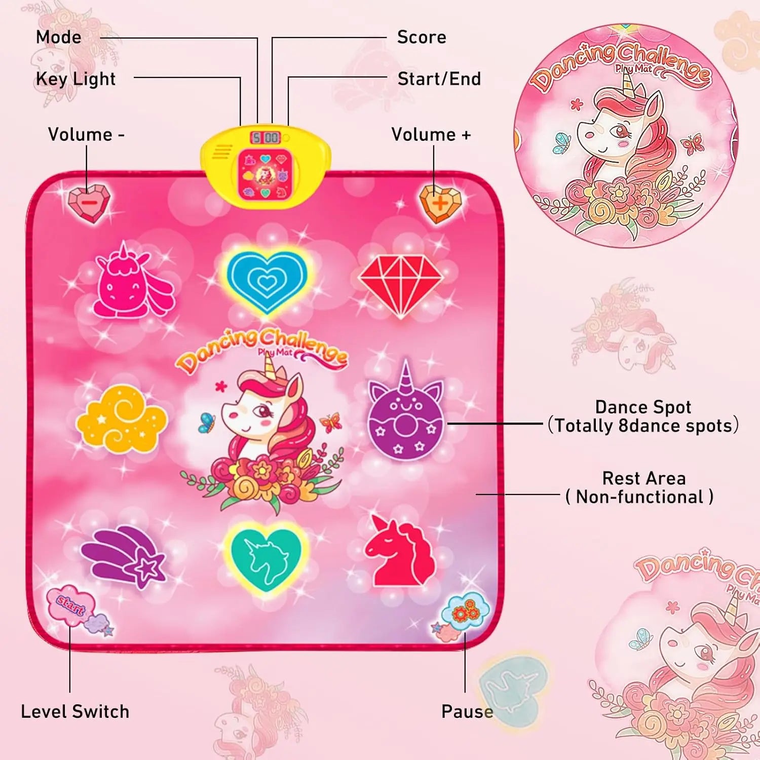 VATOS Dance Mat Toys for Girls Musical Touch Play Mat for 3+ Years Old Kids | Adjustable Volume Light 5 Game 3 Levels Gifts