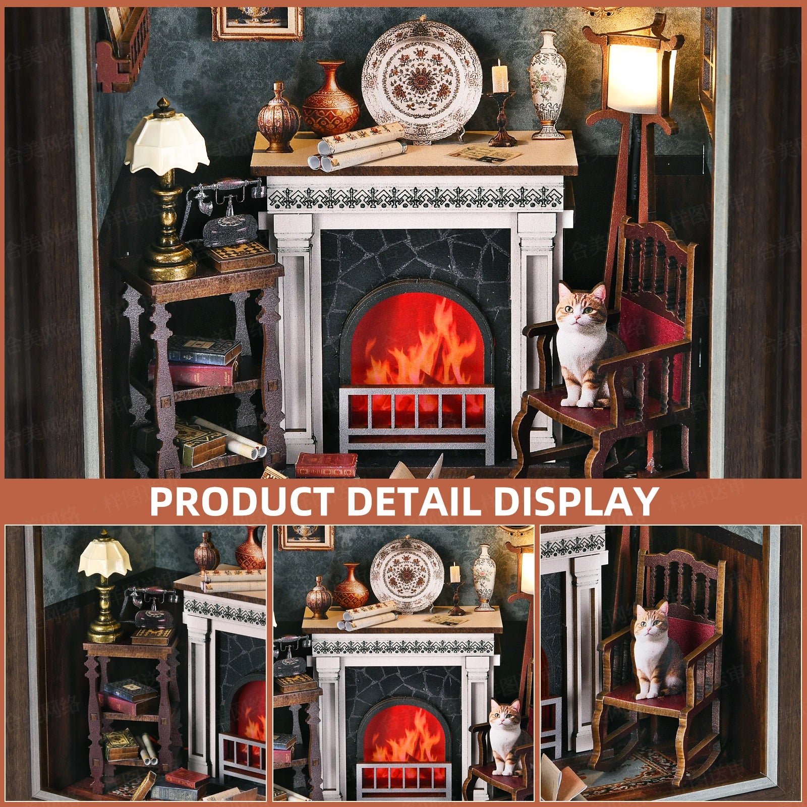Book Nook Kit Fireplace DIY 3D Wooden Puzzle Photo frame ornament Bookshelf Dollhouse Model Bookend Building Home Decoration