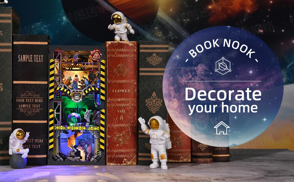 Book Nook Kit Apollo Bricks Space Exploration Model Build 3D Wooden Puzzle DIY Bookshelf Miniatural Astrona Dollhouse Decoration