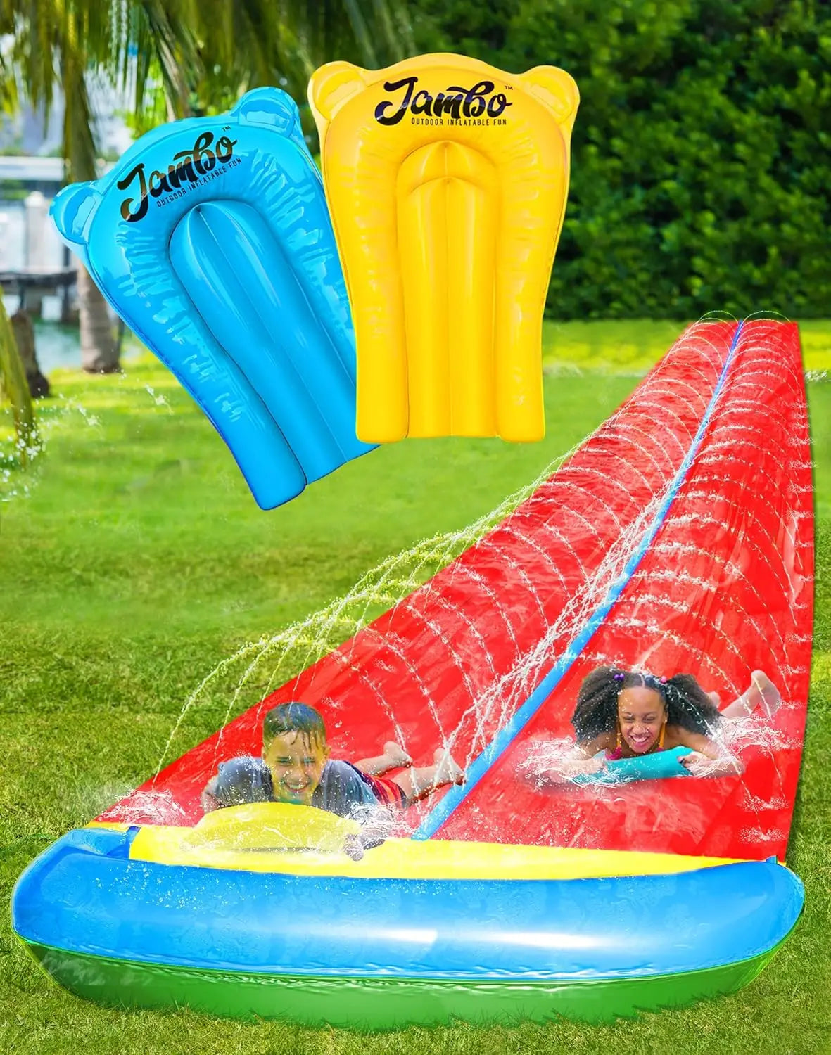 24Ft XL Slip Splash and Slide with Inflatable Crash Pad and 2 Bodyboards, Heavy Duty Lawn Water Slide Summer Water Toy with Spri