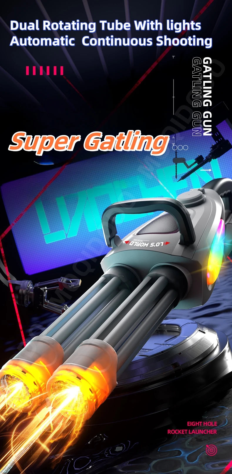 Electric Dual Muzzle Gatling Water Gun Toy with LIights Large Capacity Water Pistol Spray Blaster Pool Summer Toy for Kids Adult