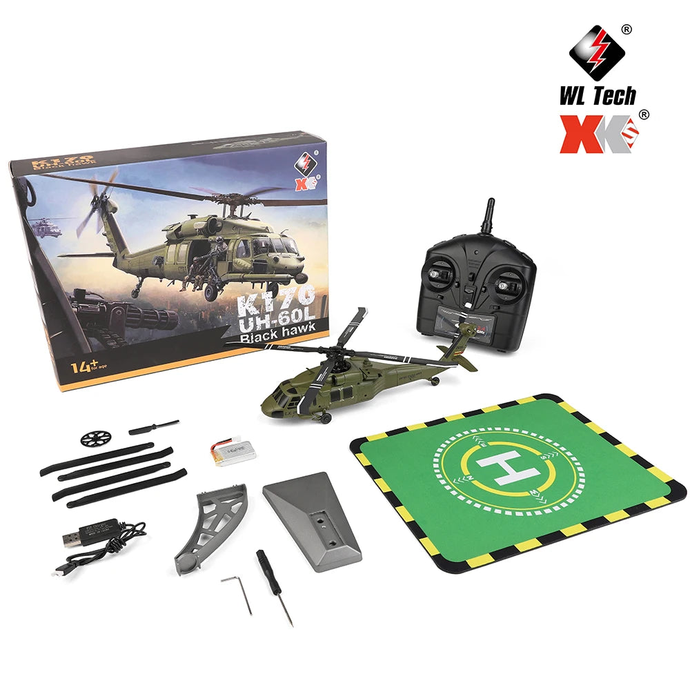Wltoys K170 RC Helicopter UH-60L 4 Channel Remote Control brushless Helicopters with Gyro and LED Light Durable Airplane Toy