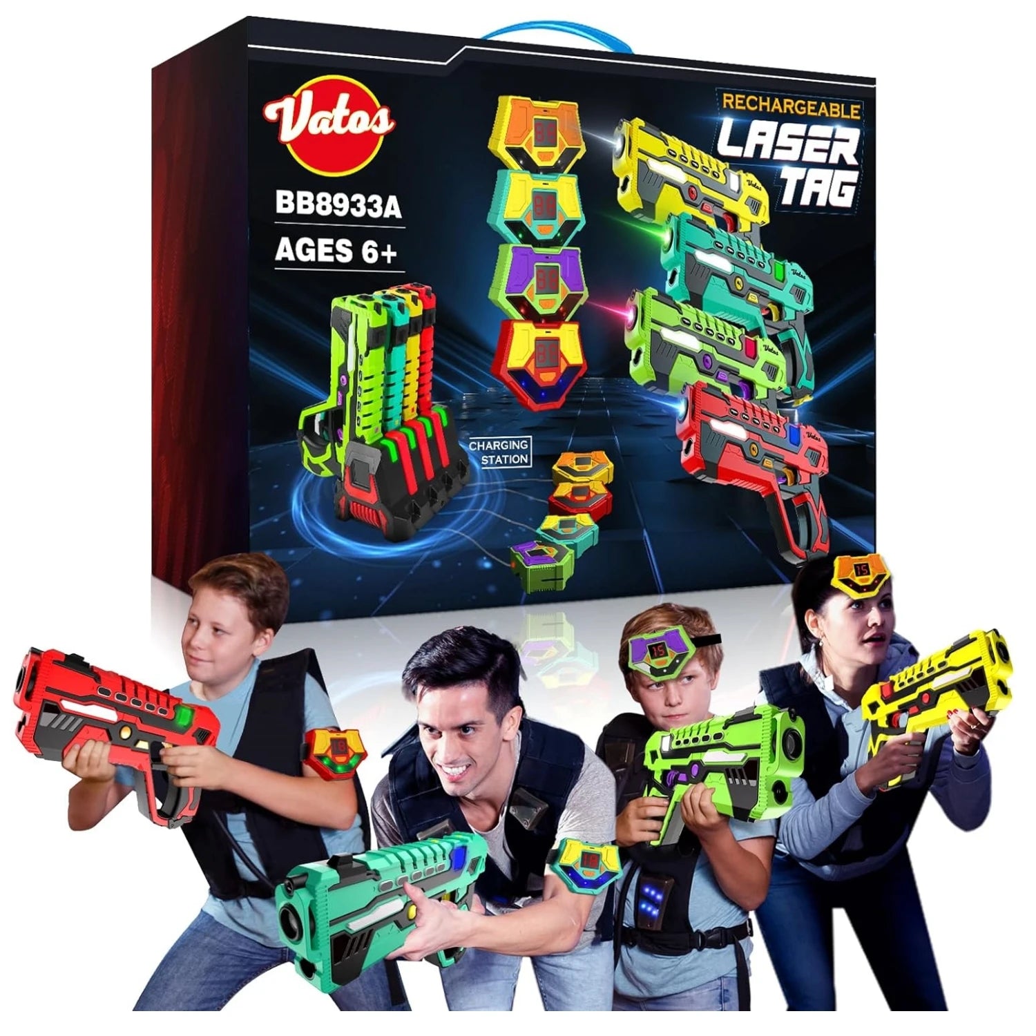 VATOS Rechargeable Laser Tag Set - 4 Pack Laser Tag with Receivers for Children Adults Data Sync Display Indoor Outdoor Games