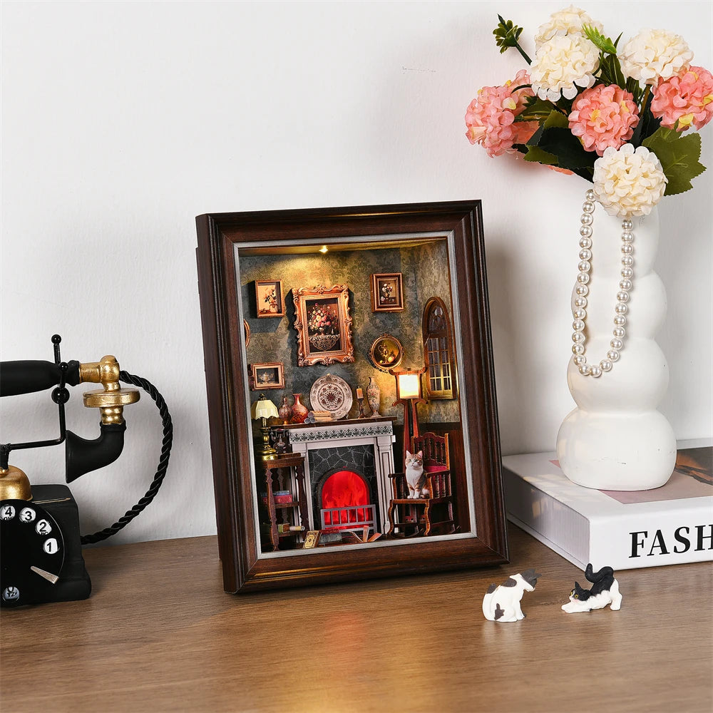 Book Nook Kit Fireplace DIY 3D Wooden Puzzle Photo frame ornament Bookshelf Dollhouse Model Bookend Building Home Decoration