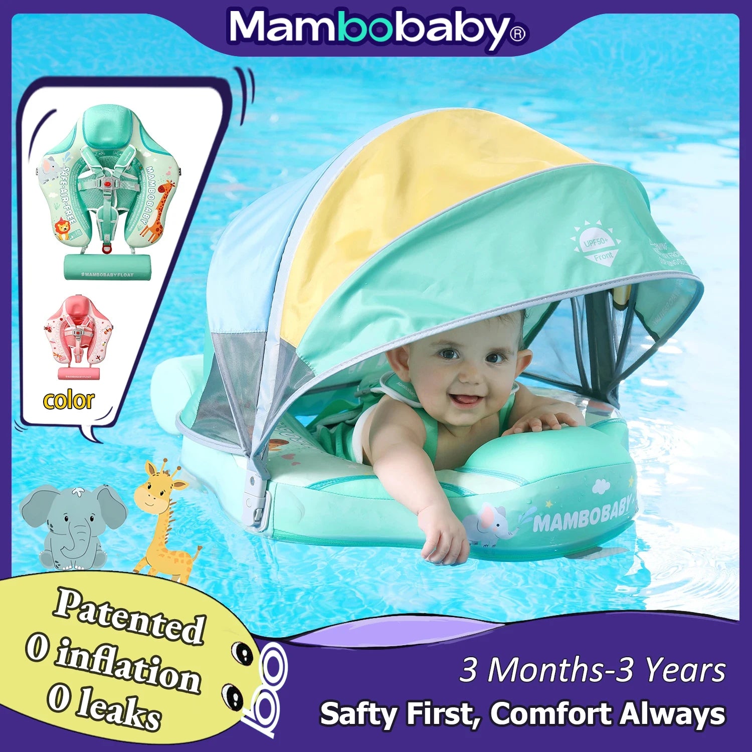 2024 New Mambobaby Animals Float Non-Inflatable Solid Baby Swimming buoy Water Trainer Infant Pool Floator Swim Ring with Canopy