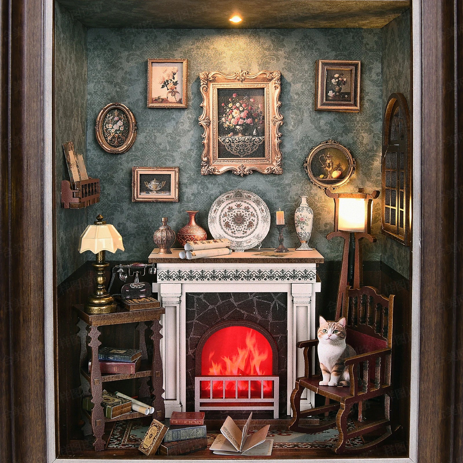 Book Nook Kit Fireplace DIY 3D Wooden Puzzle Photo frame ornament Bookshelf Dollhouse Model Bookend Building Home Decoration