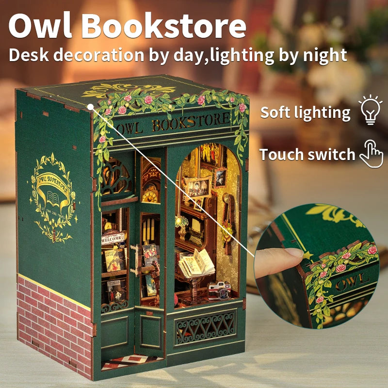 CUTEBEE DIY Book Nook Miniature Wooden Dollhouse with Lights Bookshelf Insert Kit 3D Bookend Decor Toys for Gifts Owl Bookstore