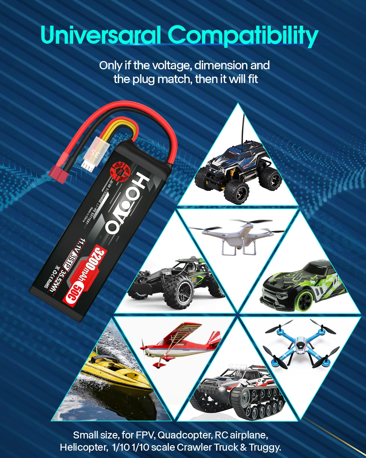 2Pcs HOOVO 3S 11.1V RC Lipo Battery 3200mAh 50C RC Battery with T Connector for RC Car RC Helicopter Airplane Quadcopter Models