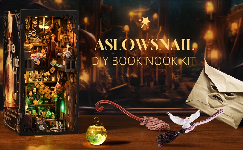 Book Nook Kit Magic House DIY Wooden Puzzle Bookshelf Insert Decor Dollhouse Model Bookend Building Home Decoration Gifts