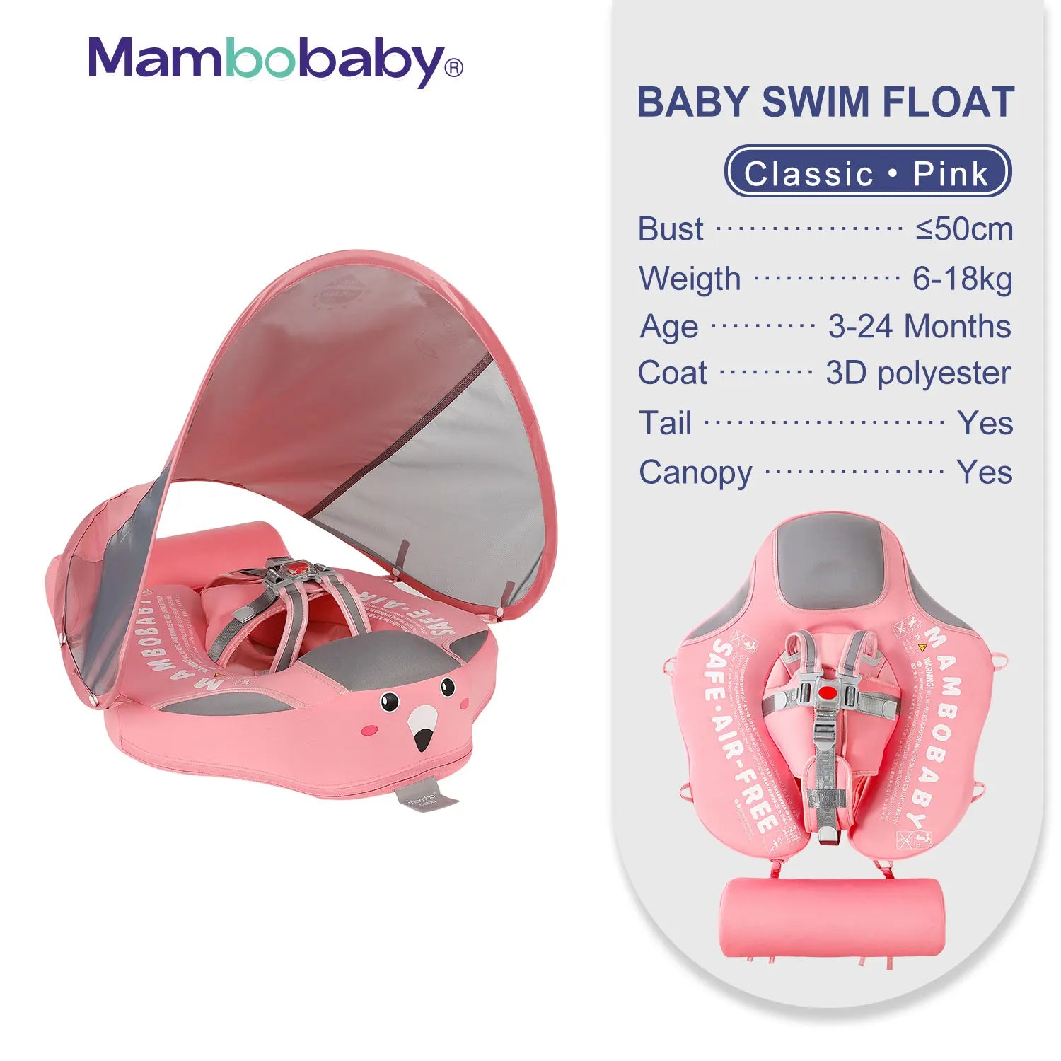 Mambobaby Baby Float with Sunshade Canopy and Crotch Strap Inflatable-free Safe Core Swimming Pool Accessory Bathroom Water Toy