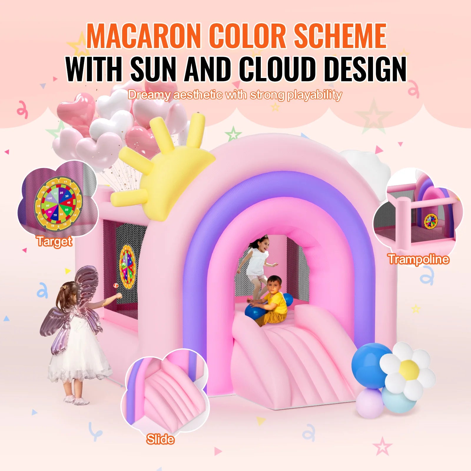 SucceBuy Inflatable Bounce House Indoor Outdoor Playhouse Trampoline Jumping Bouncer with Blower Slide Storage Bag 110x91x91 in