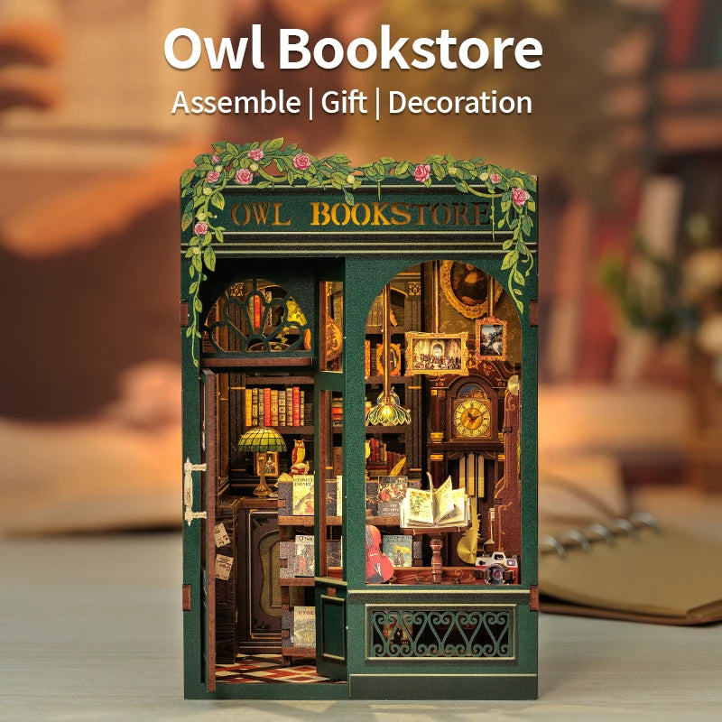 CUTEBEE DIY Book Nook Miniature Wooden Dollhouse with Lights Bookshelf Insert Kit 3D Bookend Decor Toys for Gifts Owl Bookstore
