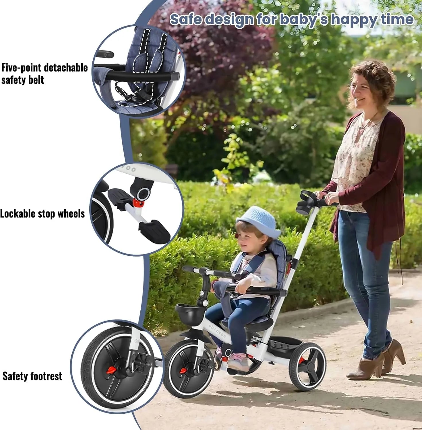 Ubravoo Baby Stroller Tricycle Ride Bike , 5-in-1, Adjustable Canopy, Sitting & Lying,Celerity Disassembly & Assembly,1-5 Years
