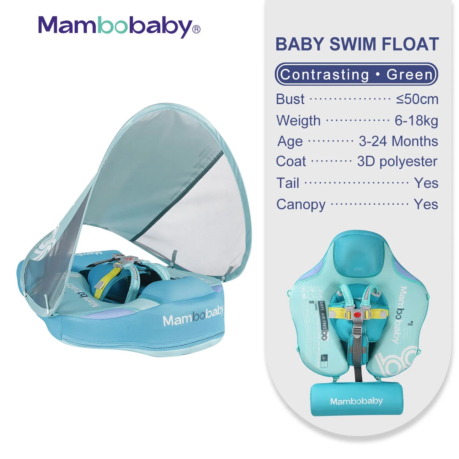 Mambobaby Baby Float with Sunshade Canopy and Crotch Strap Inflatable-free Safe Core Swimming Pool Accessory Bathroom Water Toy