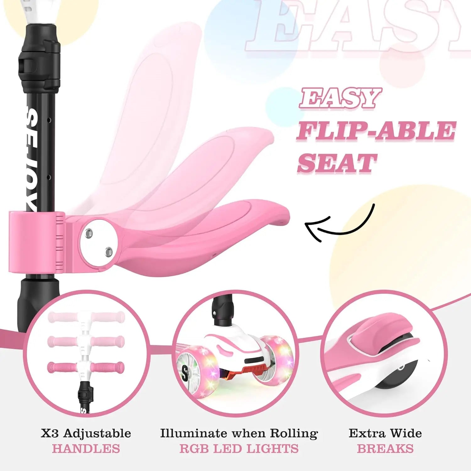 Sejoy Baby Scooter 2-8 Years with LED Wheels Adjustable Height Foldable Design & Dual Modes - Military-Grade Frame