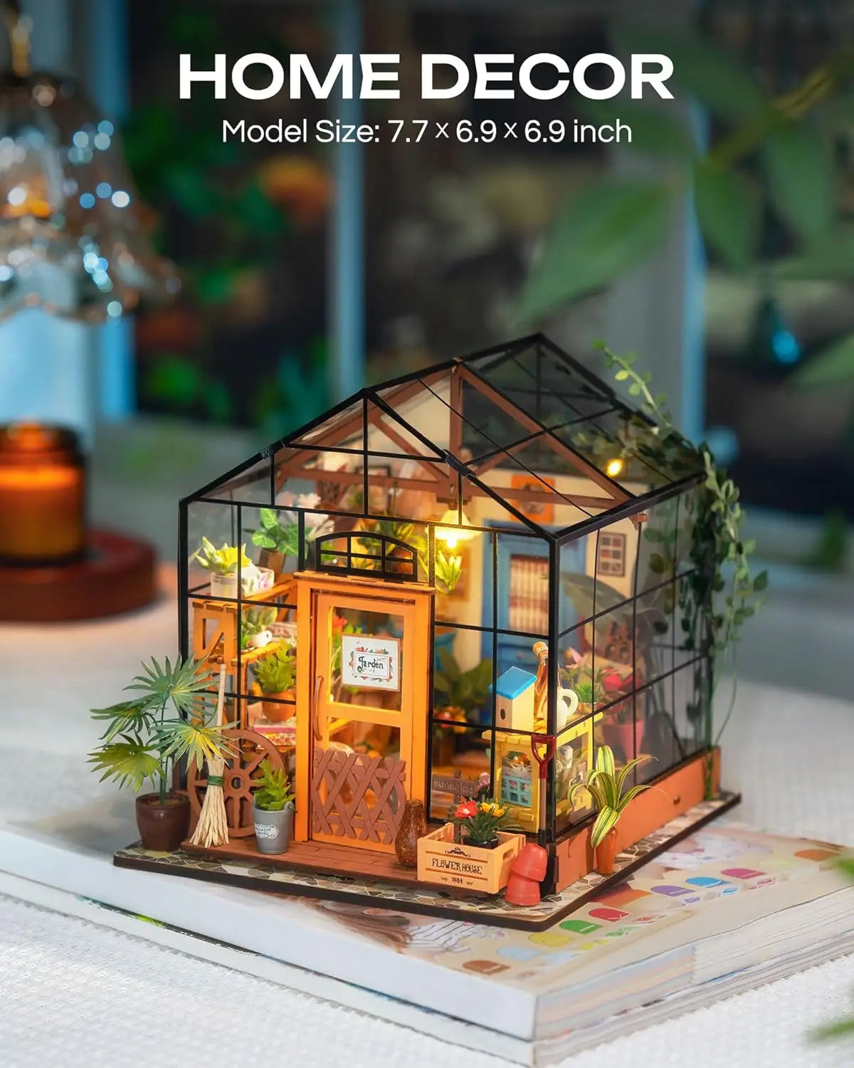 Robotime Mini Green House Cathy's Flower House DIY Dollhouse Wooden Miniature Furniture Kit with LED Best Birthday Gifts