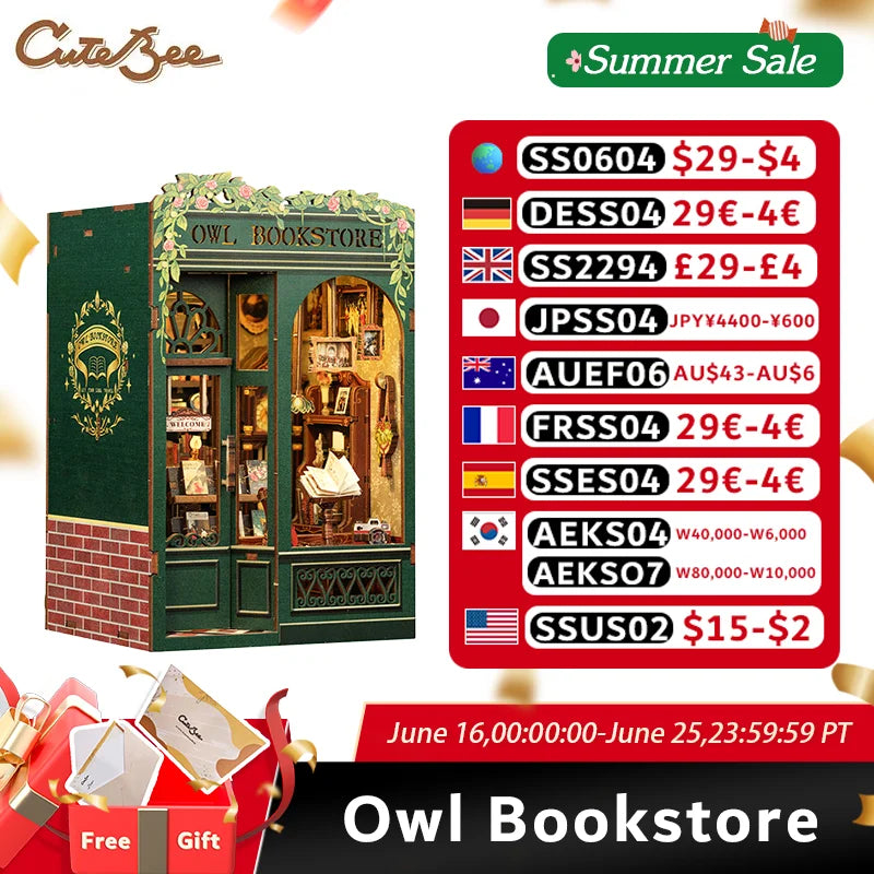 CUTEBEE DIY Book Nook Miniature Wooden Dollhouse with Lights Bookshelf Insert Kit 3D Bookend Decor Toys for Gifts Owl Bookstore