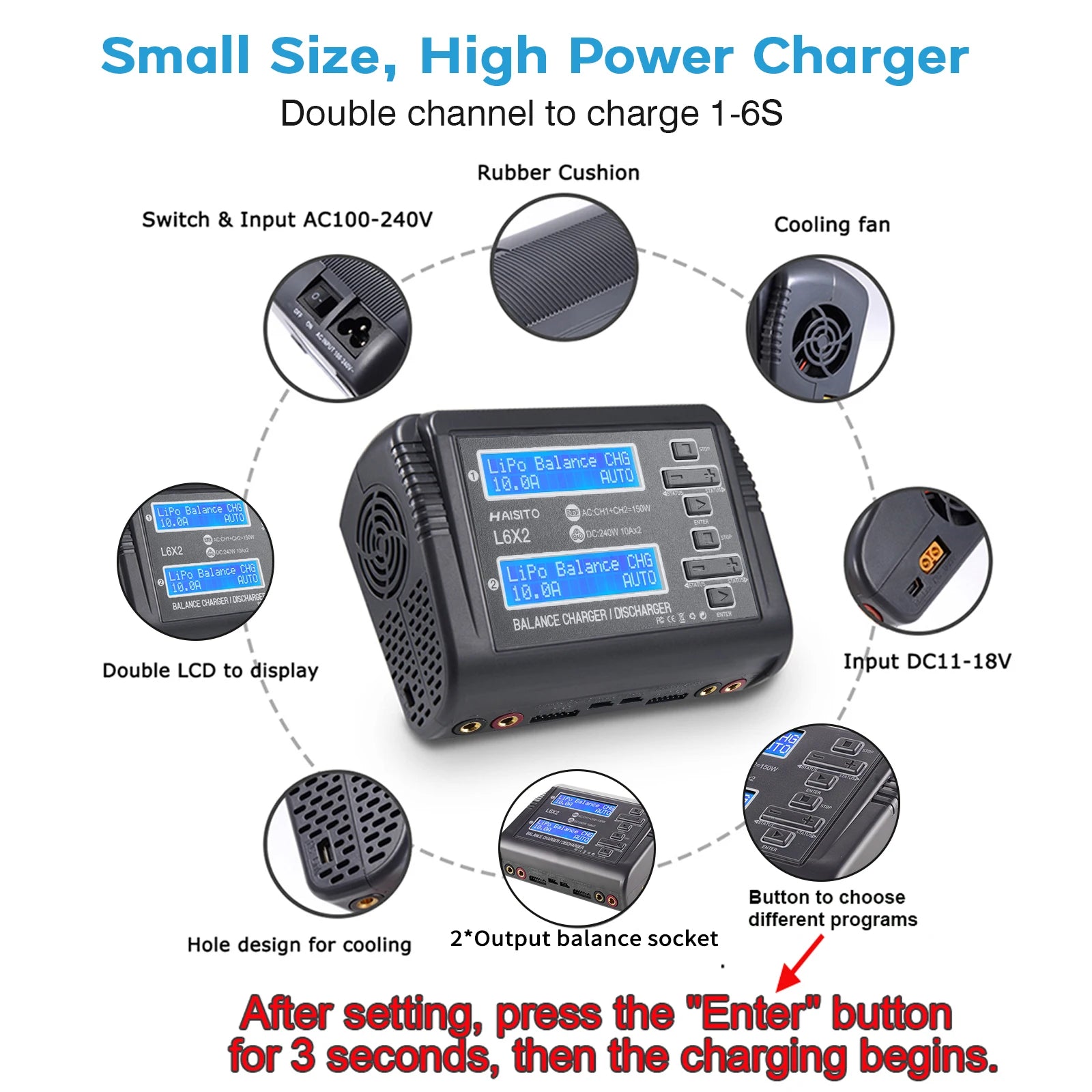 L6X2 LiPo Battery Charger Dual Channel 10A AC 150W DC 240W for 1-6S Li-ion LiFe NiCd NiMH LiHV PB Smart Battery Discharger