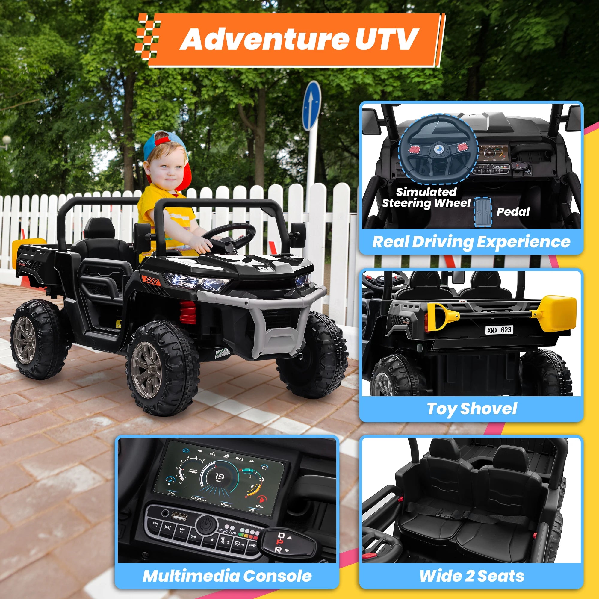 24V Ride on Dump Truck, 2 Seater Kids UTV Electric Car w/2.4G Remote Control, 4 Wheeler, Bluetooth Music, LED Lights, 24 Volt Ba