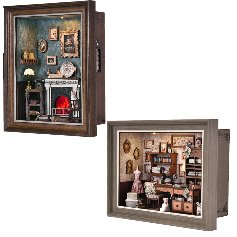 Book Nook Kit Fireplace DIY 3D Wooden Puzzle Photo frame ornament Bookshelf Dollhouse Model Bookend Building Home Decoration