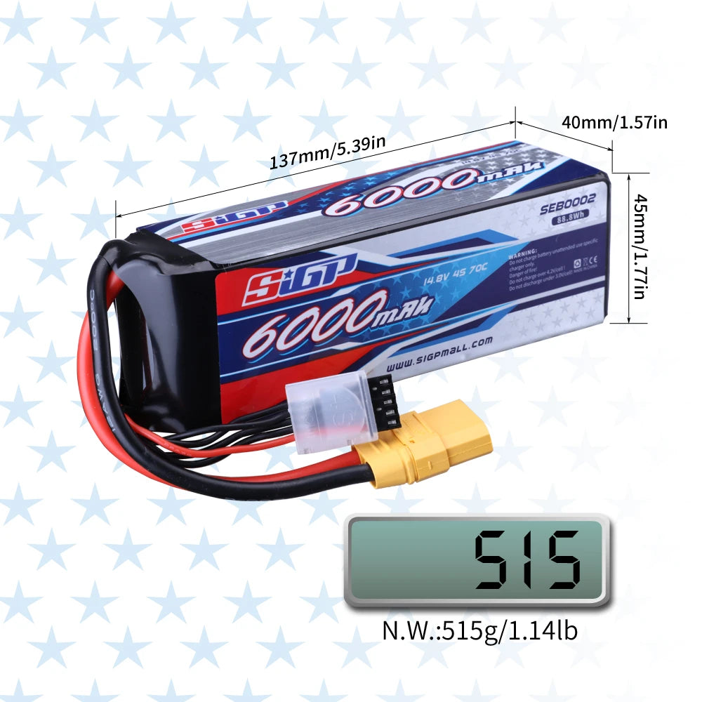 SIGP 4S 14.8V Lipo Battery 6000mAh 7300mAh 70C Soft Pack With XT90 Connector For RC Truck Car Truggy Buggy Vehice Racing Hobby