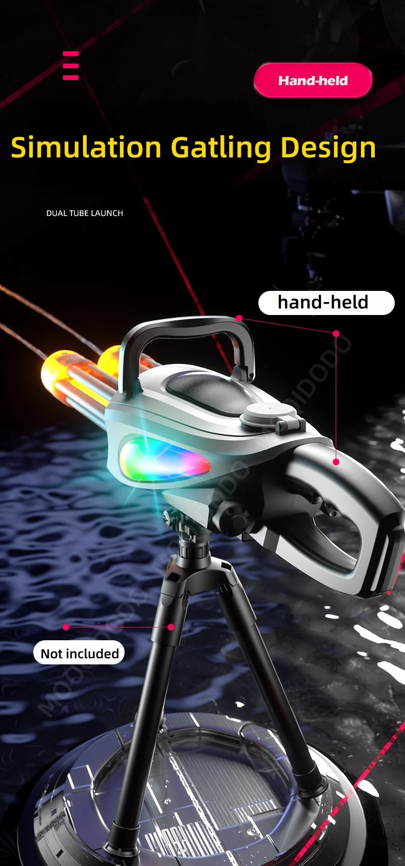 Electric Dual Muzzle Gatling Water Gun Toy with LIights Large Capacity Water Pistol Spray Blaster Pool Summer Toy for Kids Adult