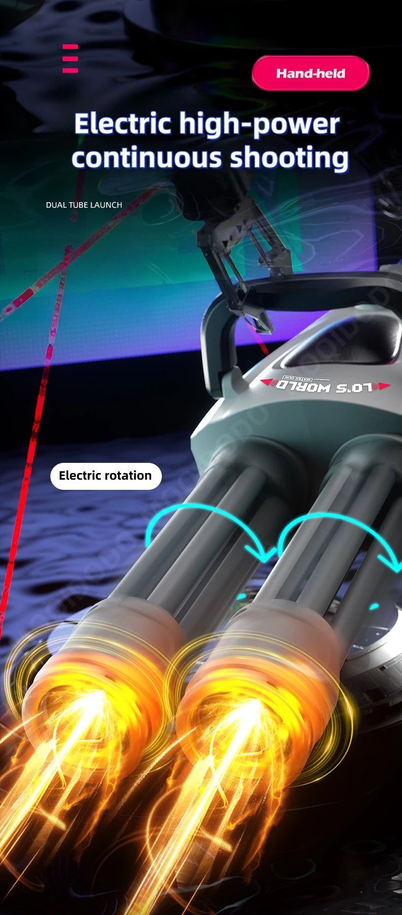 Electric Dual Muzzle Gatling Water Gun Toy with LIights Large Capacity Water Pistol Spray Blaster Pool Summer Toy for Kids Adult